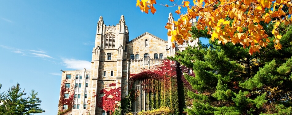 Exterior view of the Michigan Law Reading Room during Fall